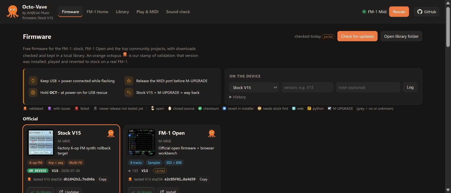 The Octo-Vave Firmware page: official cards, safety tips and the icon legend